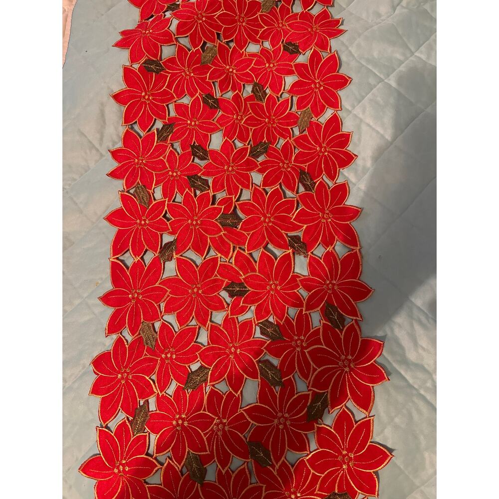12x 34 table runner. Poinsettia and holly leaves